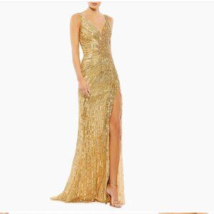 NWT Mac Duggal Gold Beaded Floral Sleeveless Slit Formal Gown Size 8 Style #5473